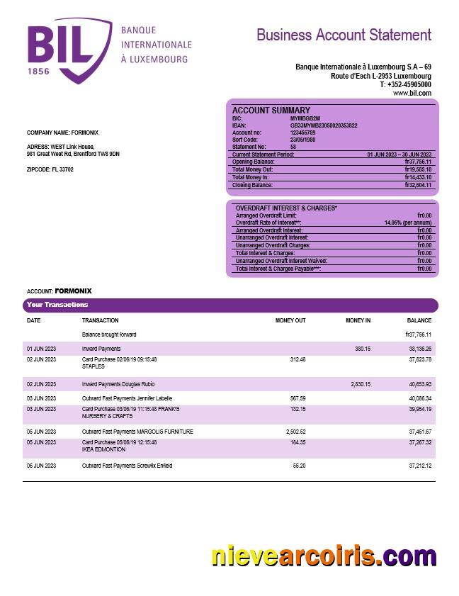Banque Internationale a Luxembourg organization checking account statement